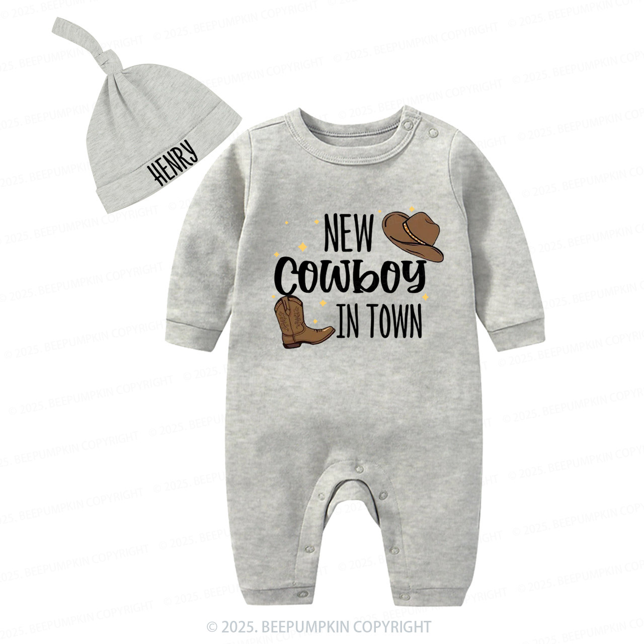 2 Pieces Personalized New Cowboy In Town Baby Romper With Hat