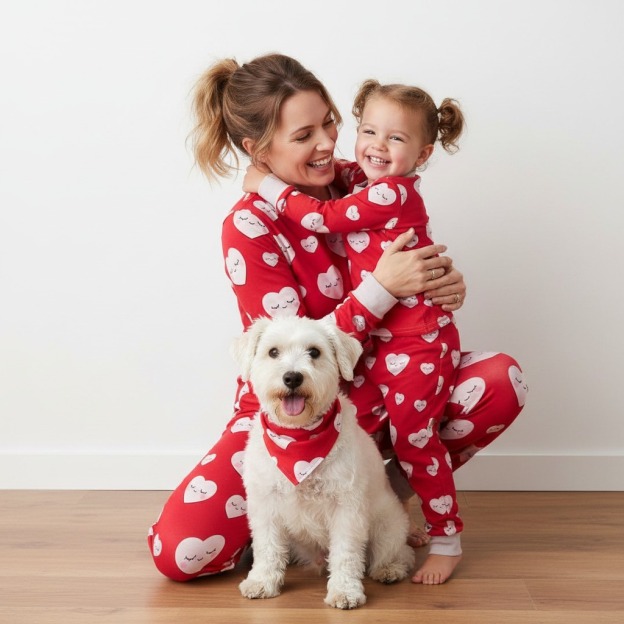 Smiling Hearts Red All-Over Print Mom&Me Cuffed Pajama Sets
