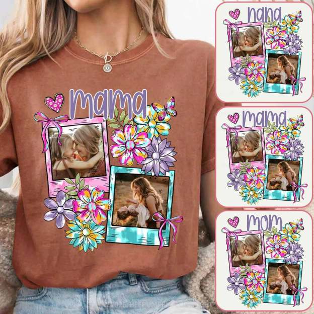 Personalized Floral Coquette Bow Photo T-Shirt For Mom