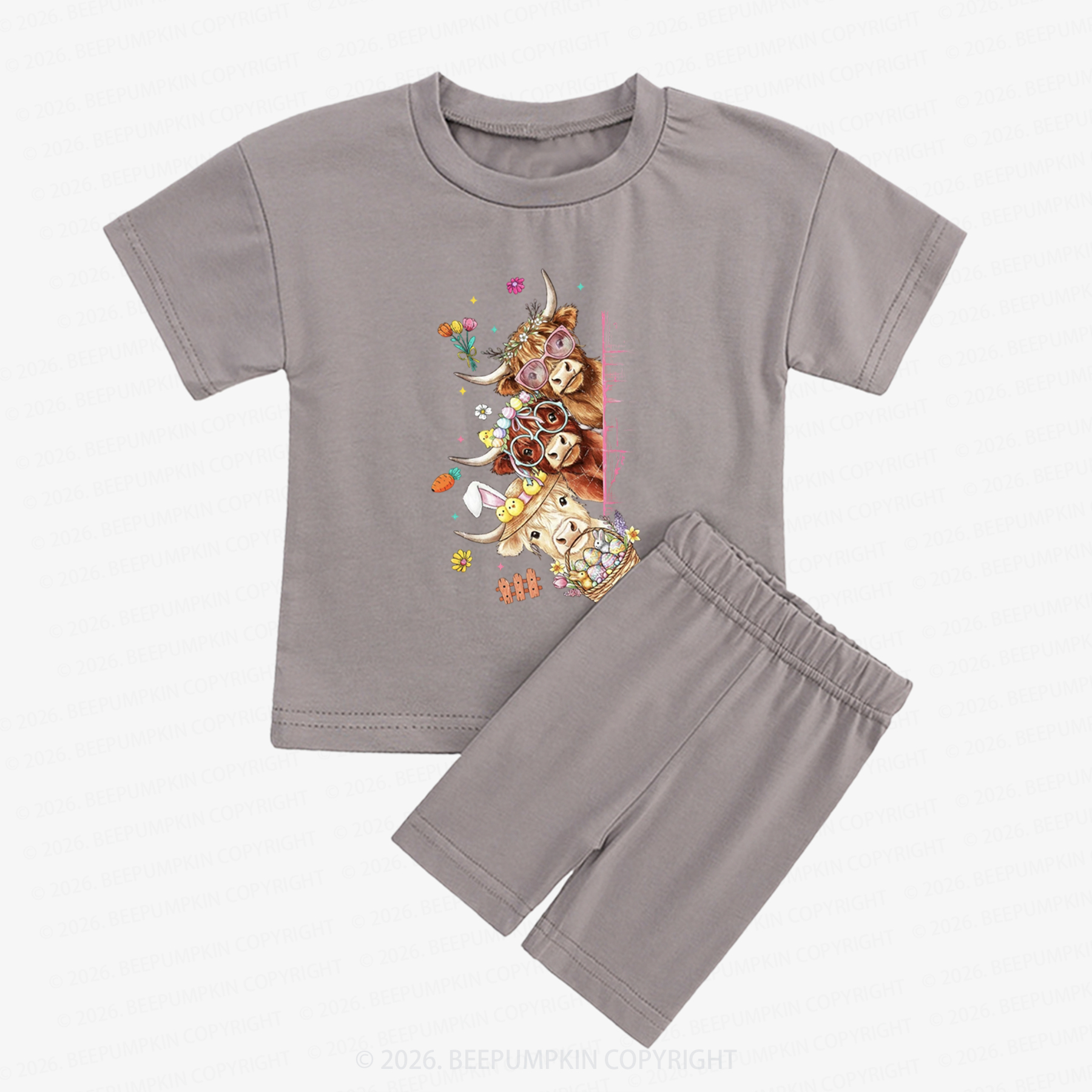 Easter Day Highland Cow&Bunny Kids Biker Shorts&Tee