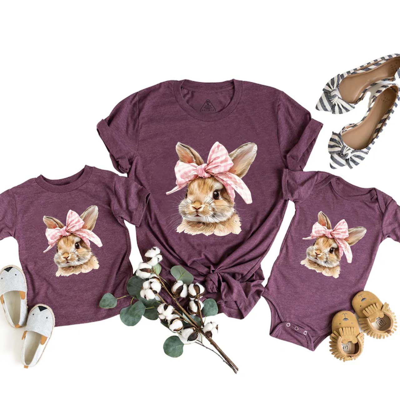 Cute Bunny with Bow Easter Mom&Me Matching Tees