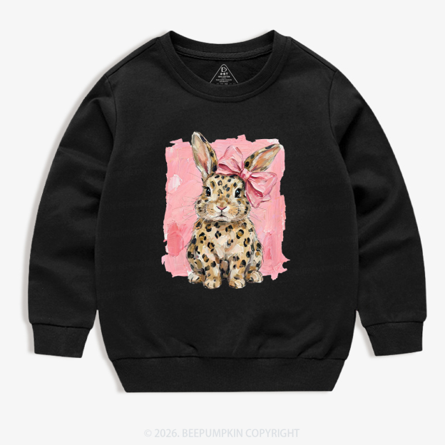 Oil Paint Leopard & Pink Bow Coquette Bunny Kid's Sweatshirt