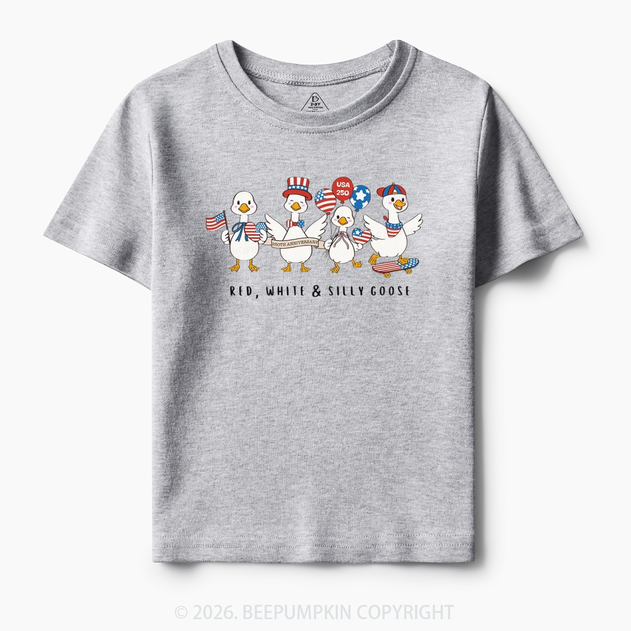 Red White Silly Goose USA 250 Patriotic Toddler&Kid's Tees
