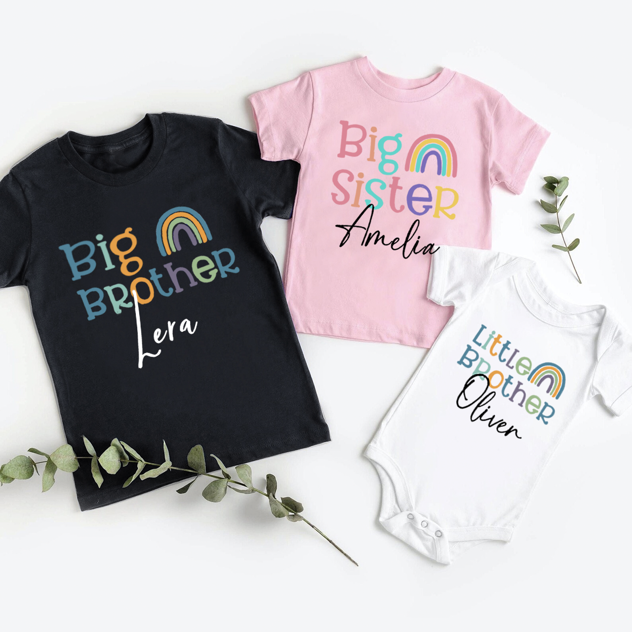 Personalised Name Rainbow Matching Tees For Siblings