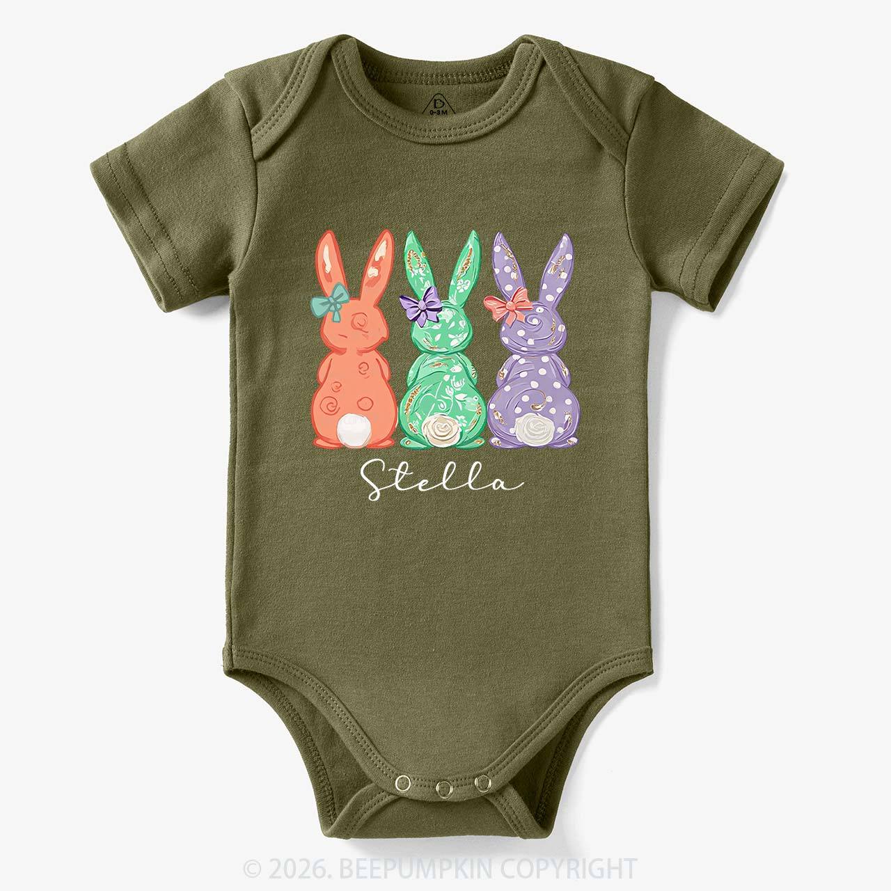 Personalized Three Colorful Bunnies Easter Baby Bodysuit