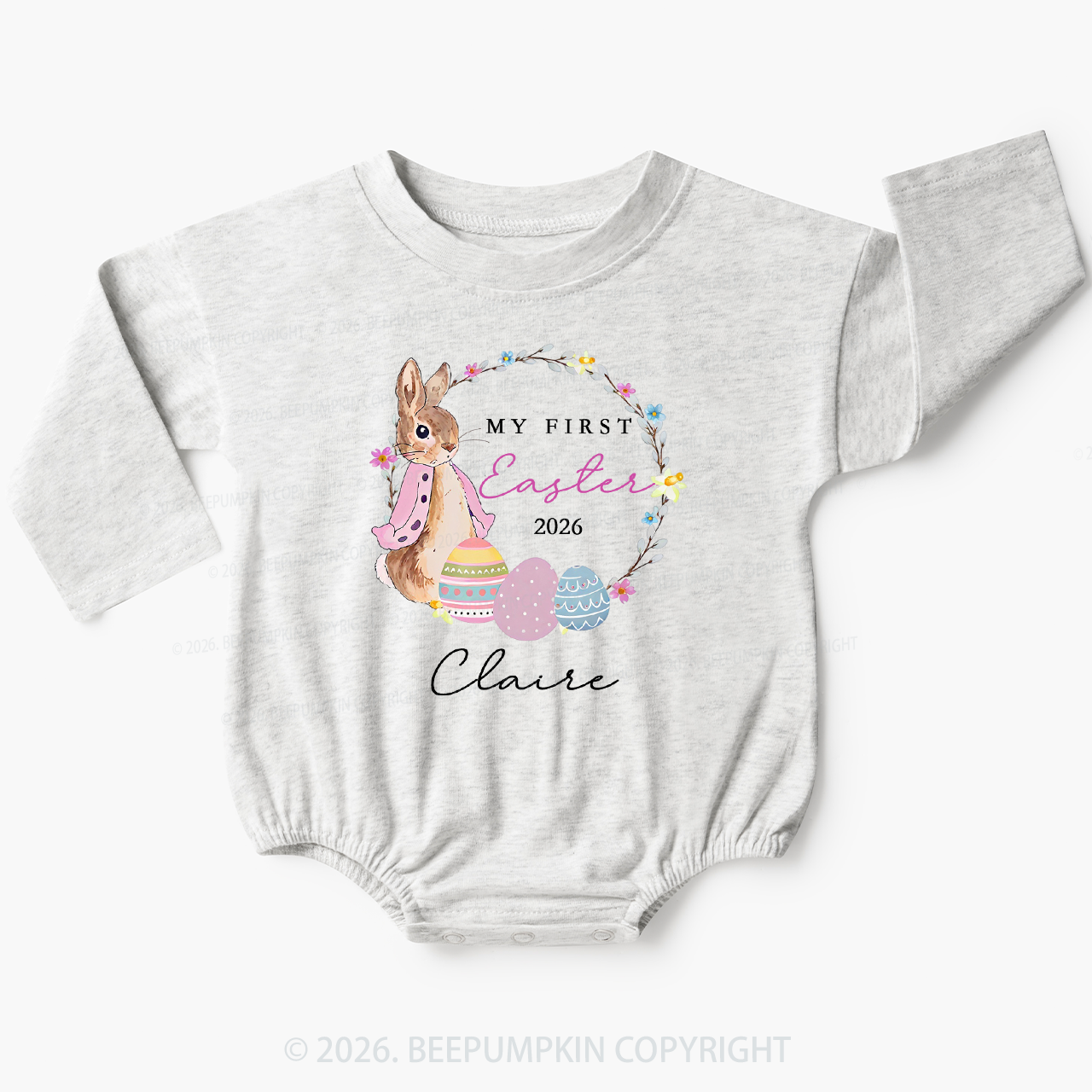 Personalized Spring Bunny Bloom First Easter Baby Bubble Romper