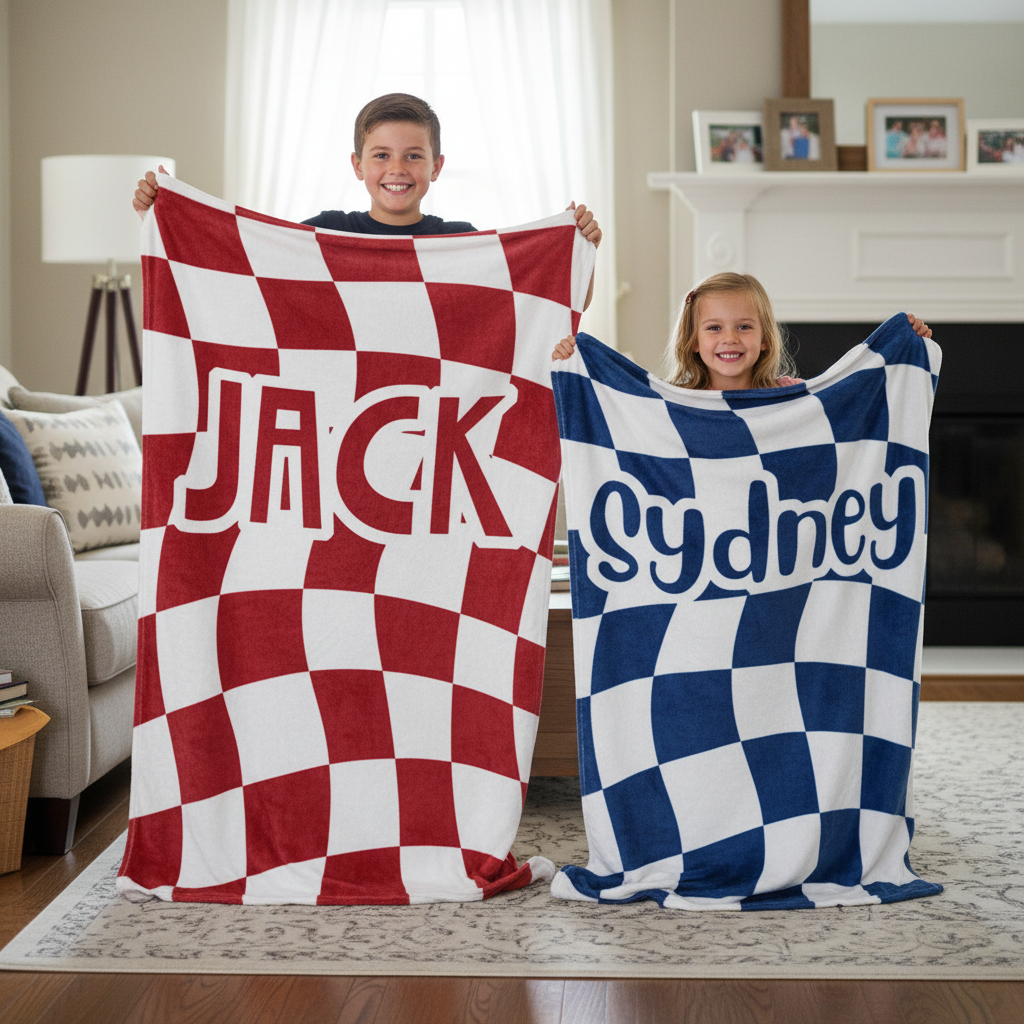 Personalized Cool Checker Swirl Name Fleece Blanket