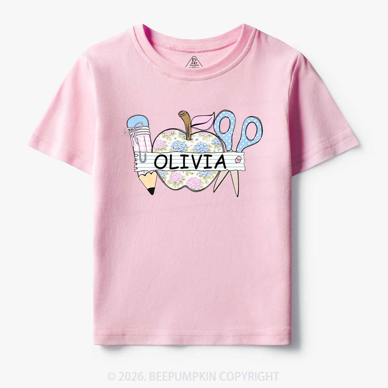 Personalized Name Preppy Floral Pencil Apple Scissors Toddler&Kid's Tees