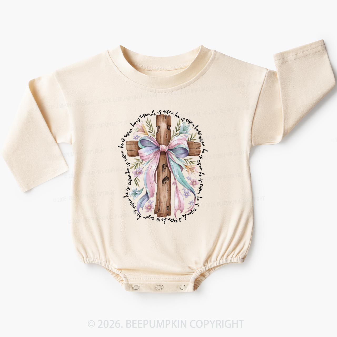 He Is Risen Soft Pastel Cross Baby Bubble Romper