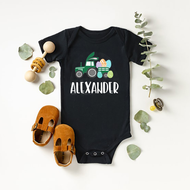 Personalized Easter Custom Name Tractor Baby Bodysuit