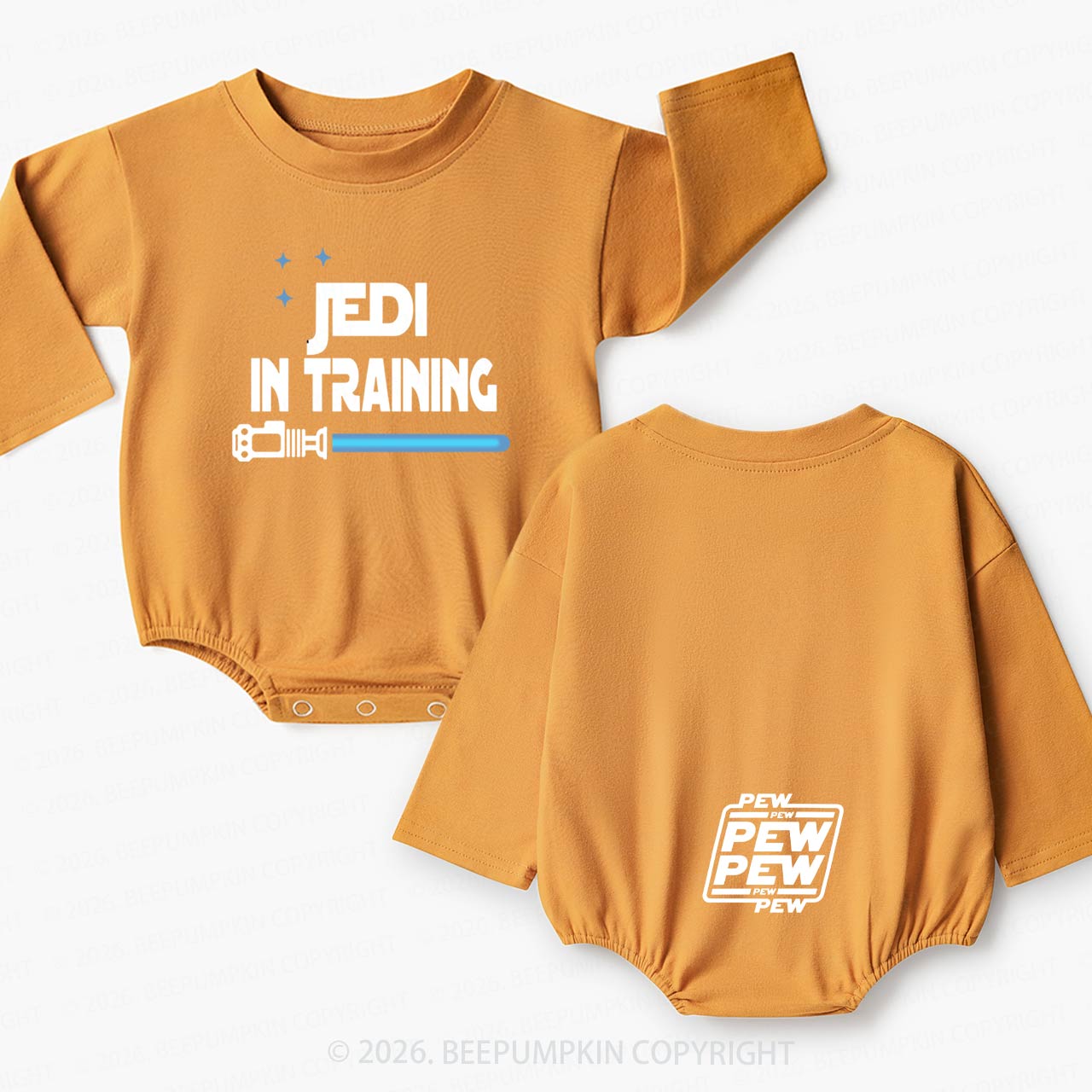 Back on the Butt Says PEW PEW PEW Baby Bubble Romper