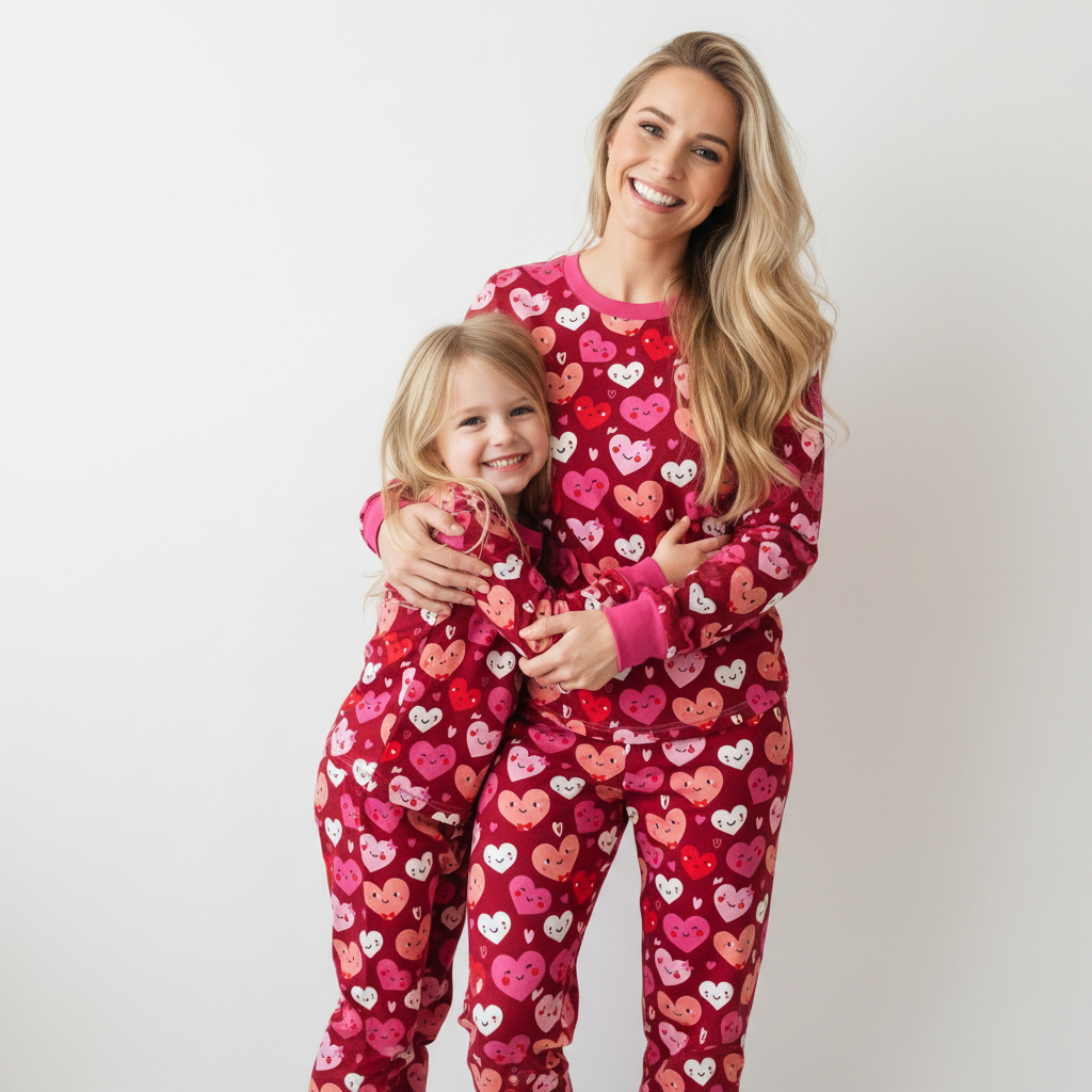 Sweetheart Smiles Dark Red All-Over Print Mom&Me Cuffed Pajama Sets