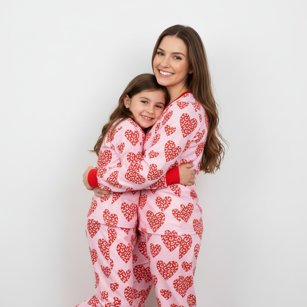 Red Leopard Print Heart Mom&Me All-Over Print Matching Pajama Sets