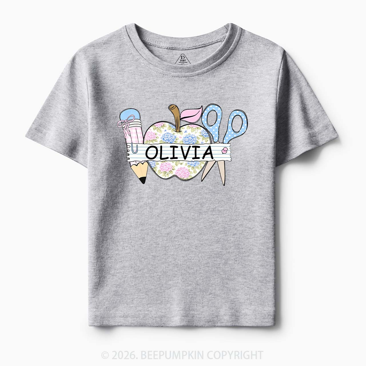 Personalized Name Preppy Floral Pencil Apple Scissors Toddler&Kid's Tees