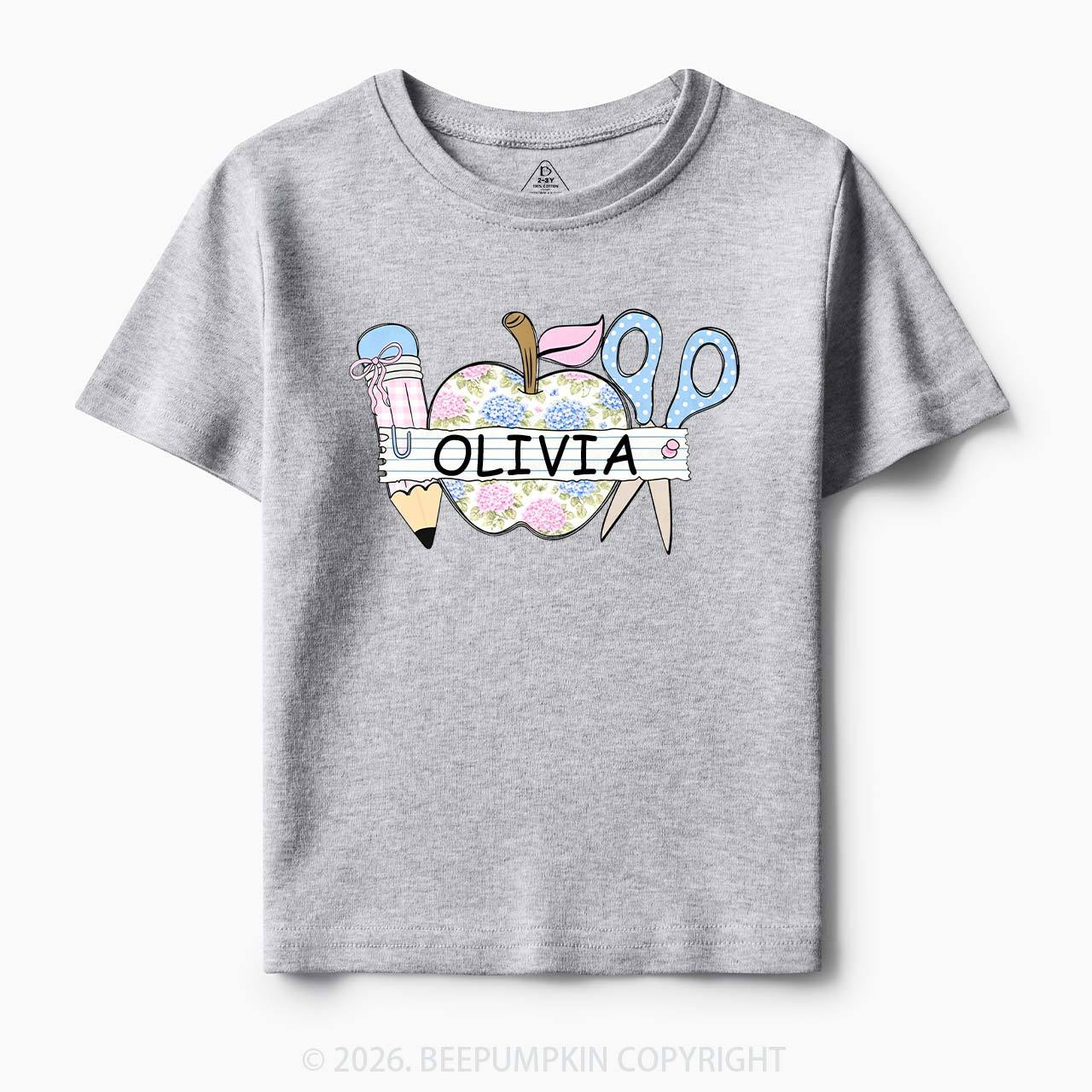 Personalized Name Preppy Floral Pencil Apple Scissors Toddler&Kid's Tees