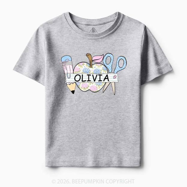 Personalized Name Preppy Floral Pencil Apple Scissors Toddler&Kid's Tees