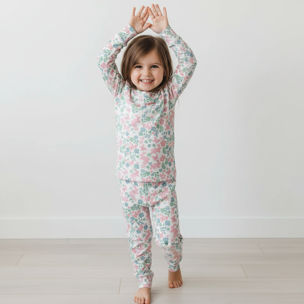 Pink And Blue Easter Floral Two-Piece Pajama Set For Kids