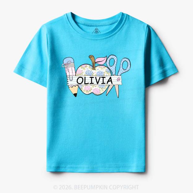 Personalized Name Preppy Floral Pencil Apple Scissors Toddler&Kid's Tees