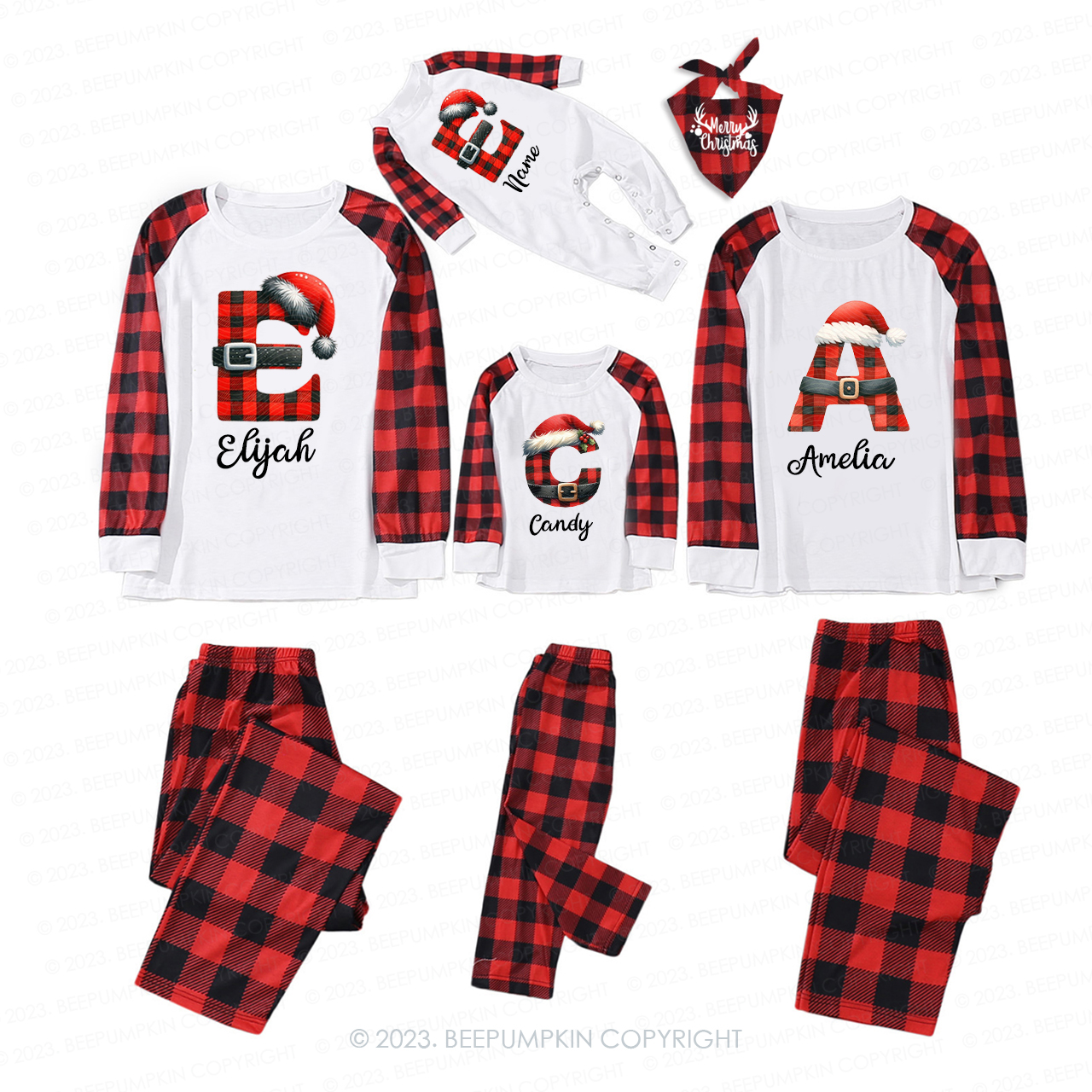 Personalized Reindeer Santa Claus Christmas Plaid Letters Pajamas Beepumpkin