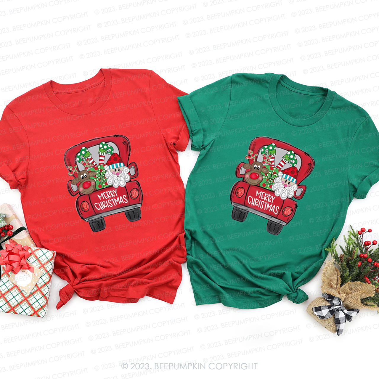 Santa Claus and Elk in Christmas Truck Matching Shirt