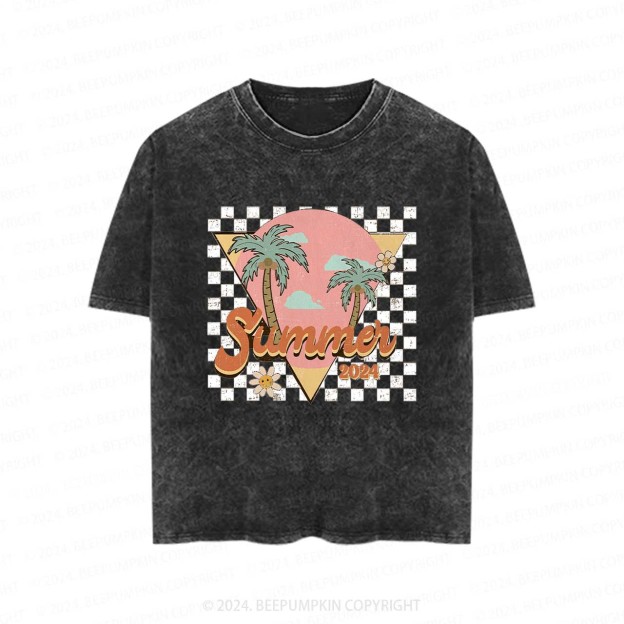 Retro Summer 2024 Palm Tree Toddler&Kids Washed Tees         