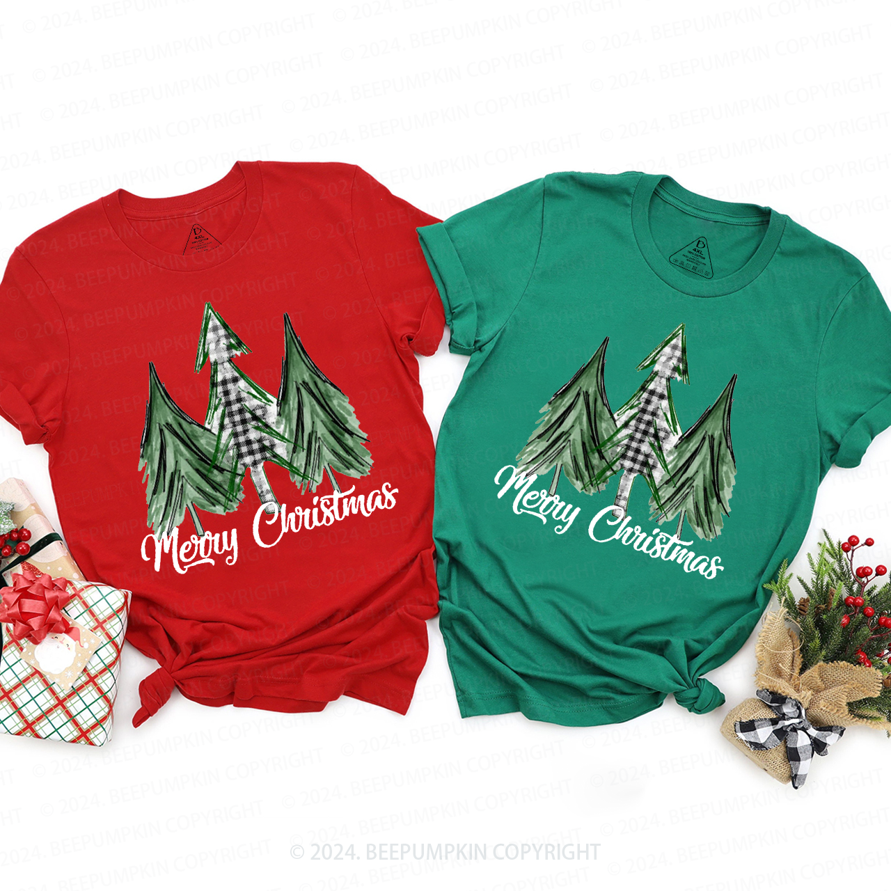 Merry Christmas Green Tree Family Matching T-Shirts