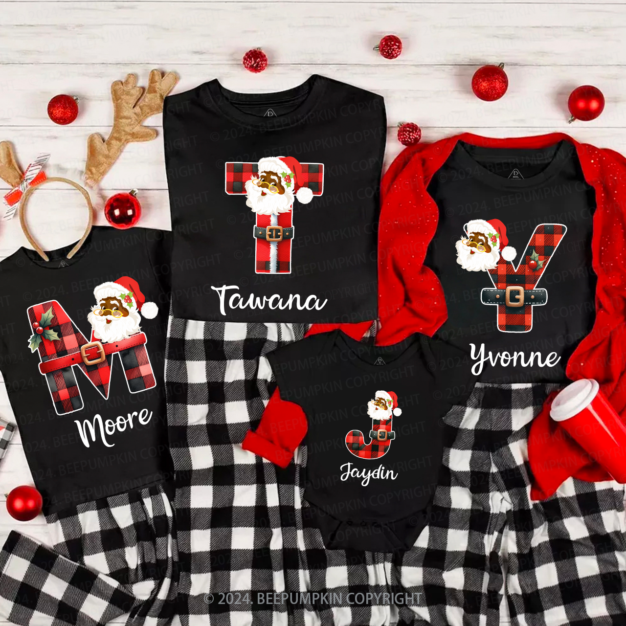 Personalized Santa Plaid Letter Christmas Matching T-Shirts Beepumpkin