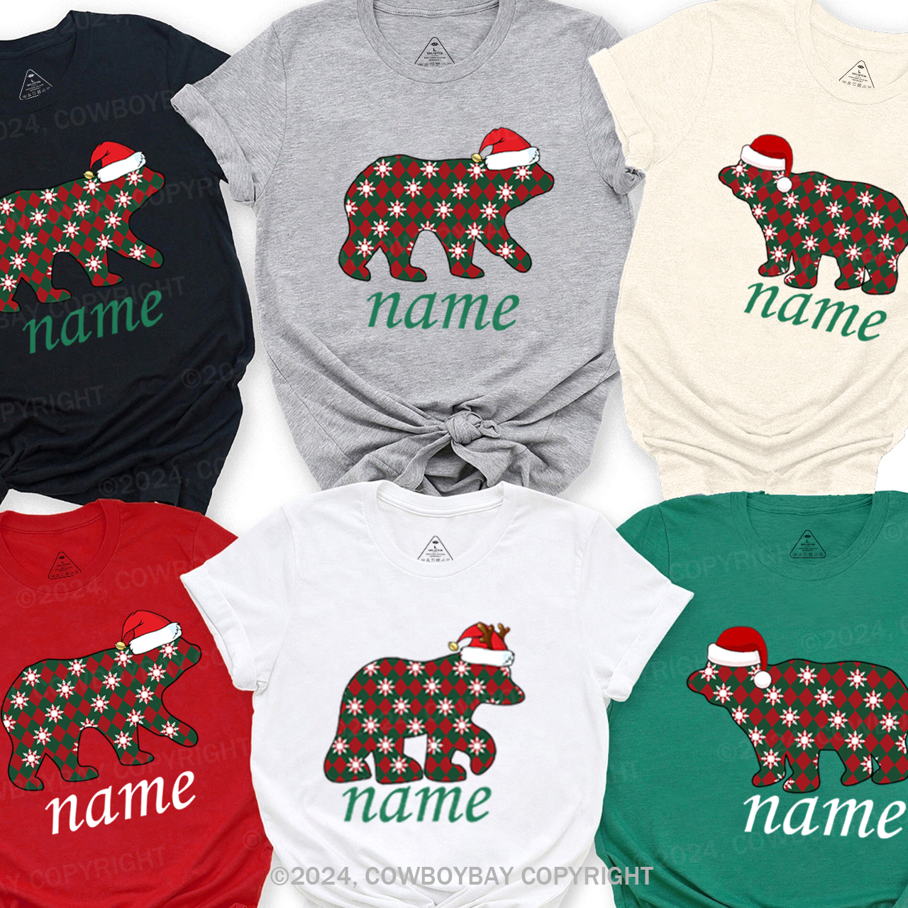 Personalized Plaid Bear With Santa Hat Christmas Family Matching T-Shirts Beepumpkin
