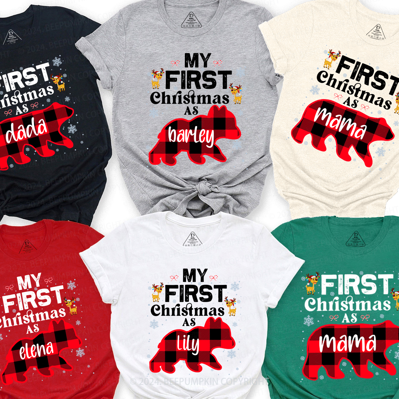 Personalized First Christmas Bear Buffalo Plaid Family Matching T-Shirts Beepumpkin