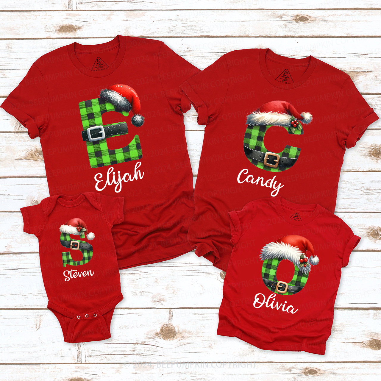 Personalized Green Plaid Letter Christmas Family Matching T-Shirts Beepumpkin