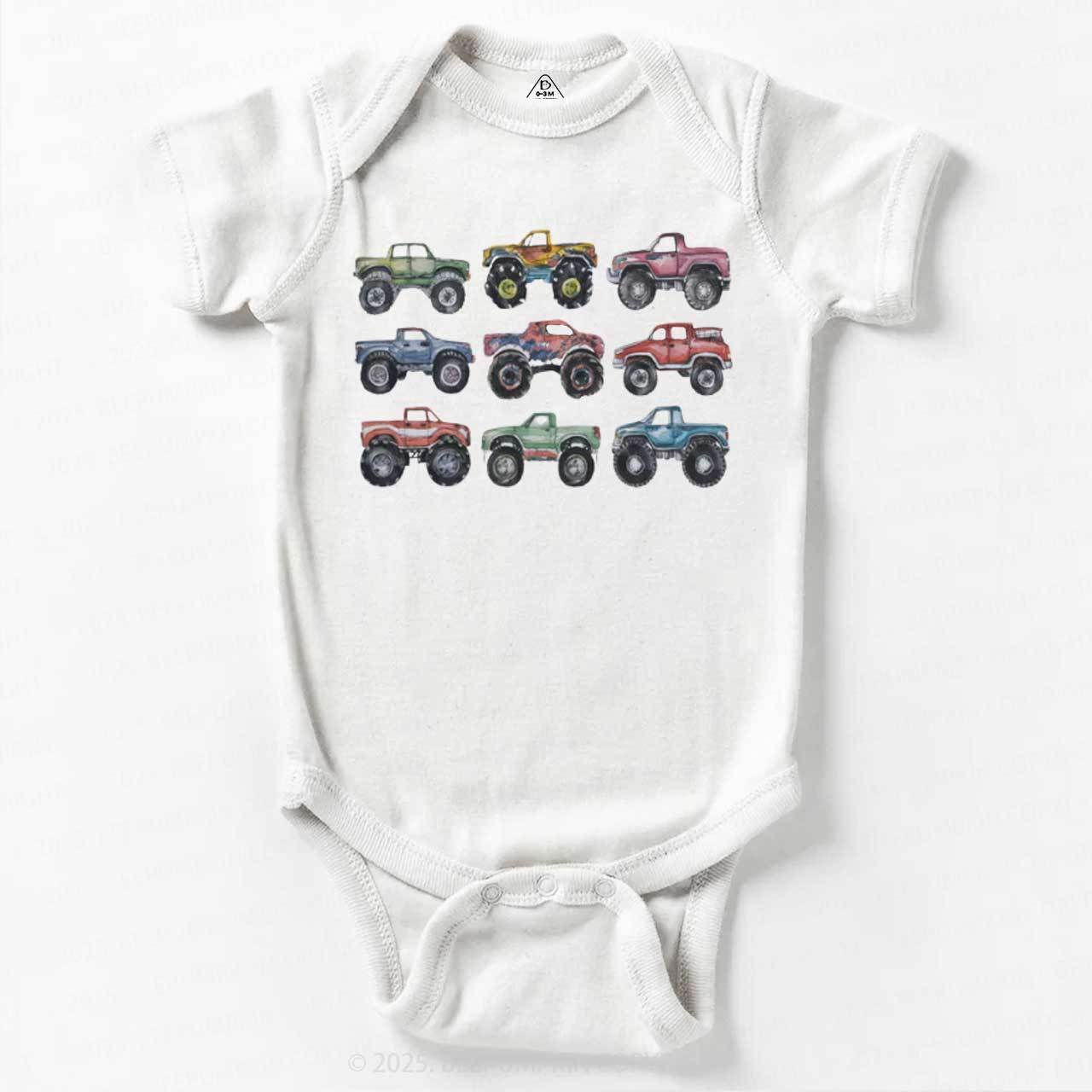 Retro Monster Trucks In A Row Bodysuit Beepumpkin