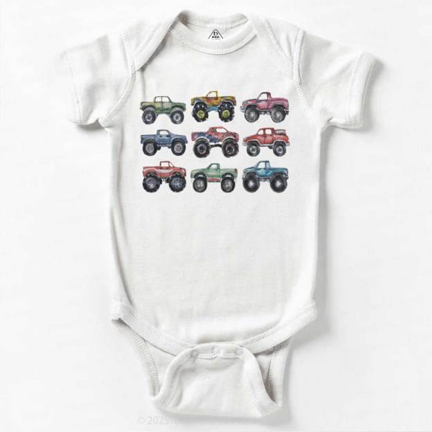 Retro Monster Trucks In A Row Bodysuit Beepumpkin