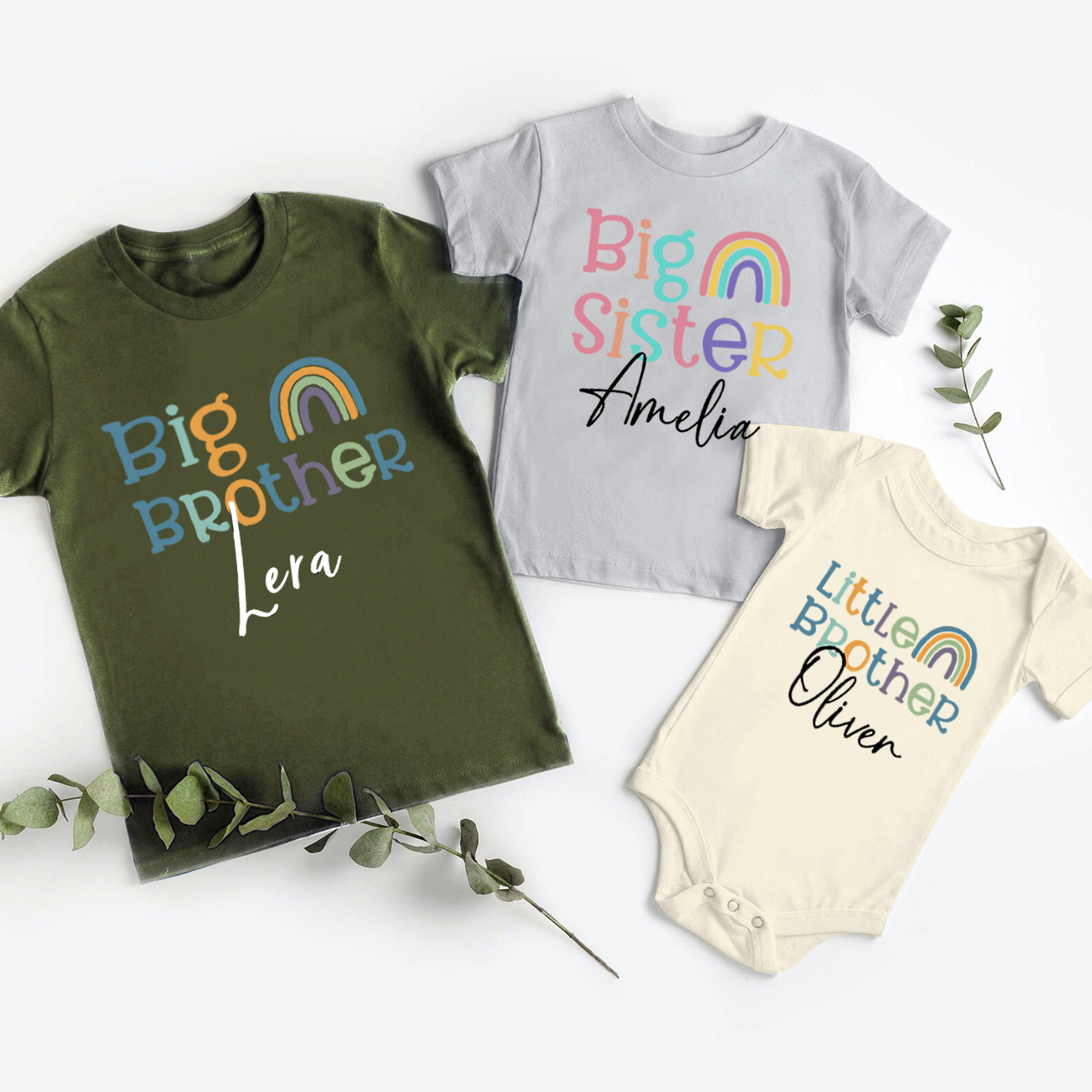 Personalised Name Rainbow Matching Tees For Siblings