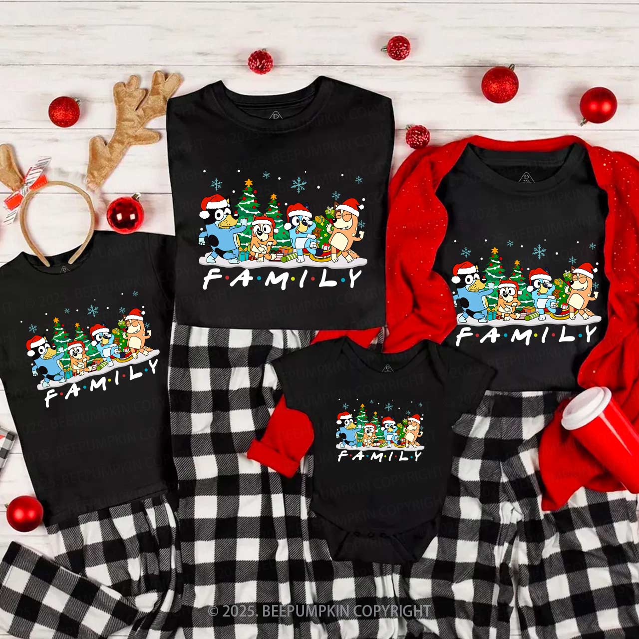 Snowflake Cartoon Dog Christmas Party Family Matching T-Shirts Beepumpkin