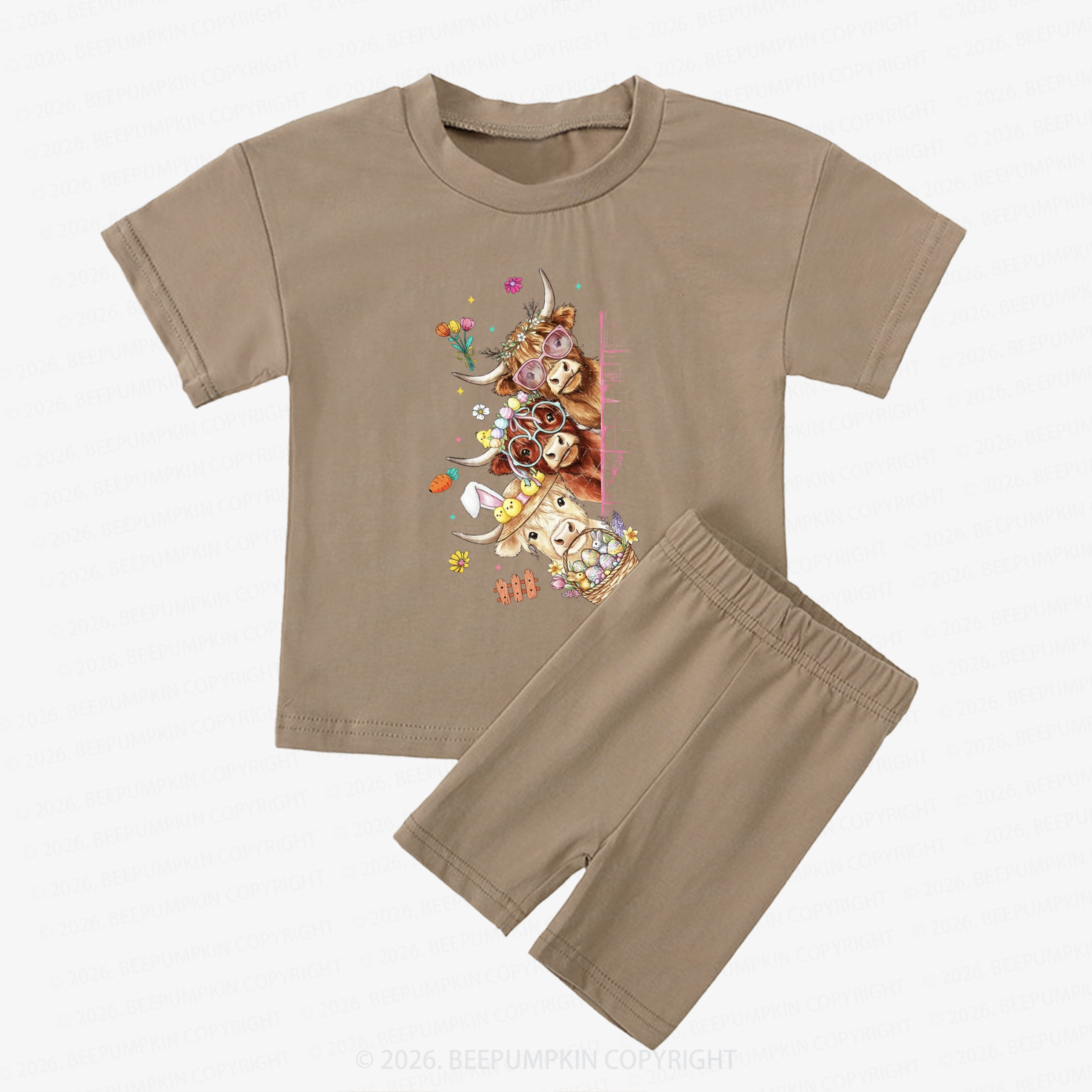 Easter Day Highland Cow&Bunny Kids Biker Shorts&Tee