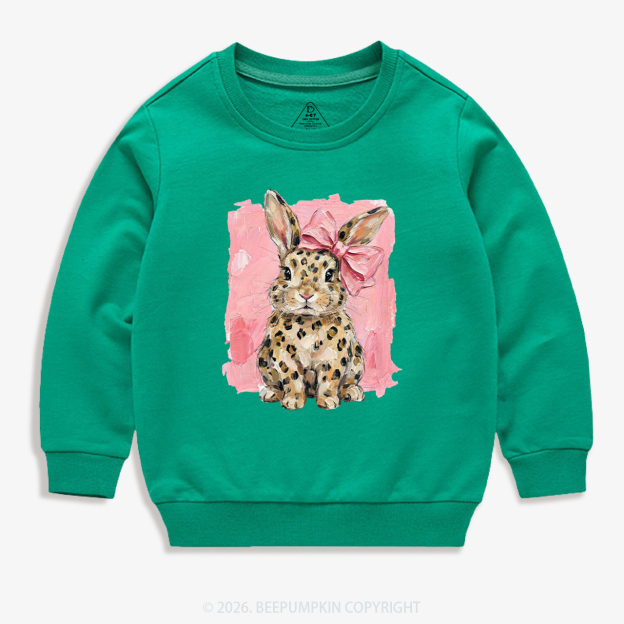 Oil Paint Leopard & Pink Bow Coquette Bunny Kid's Sweatshirt