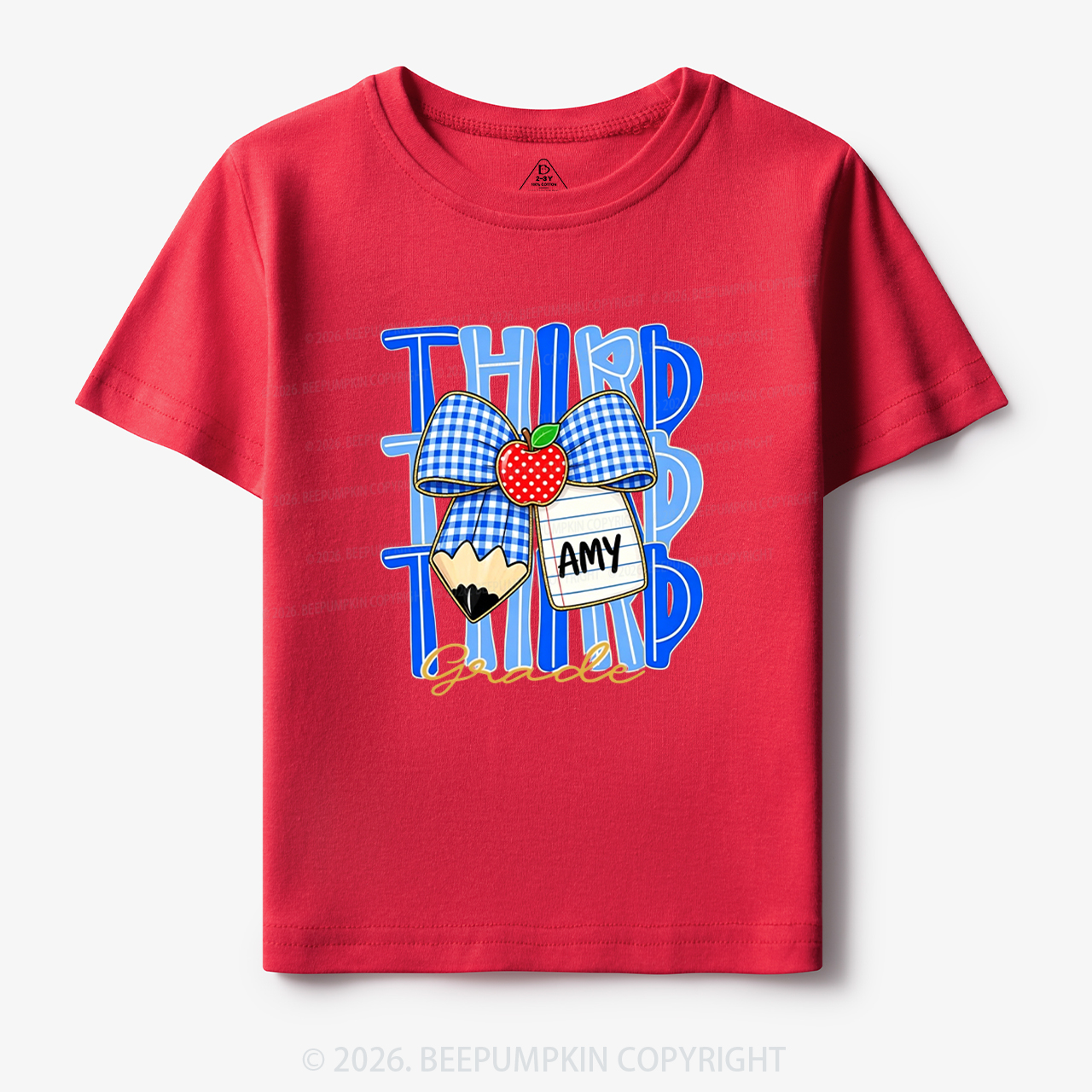 Personalized Blue Gingham Pencil Bow Toddler&Kid's Tees