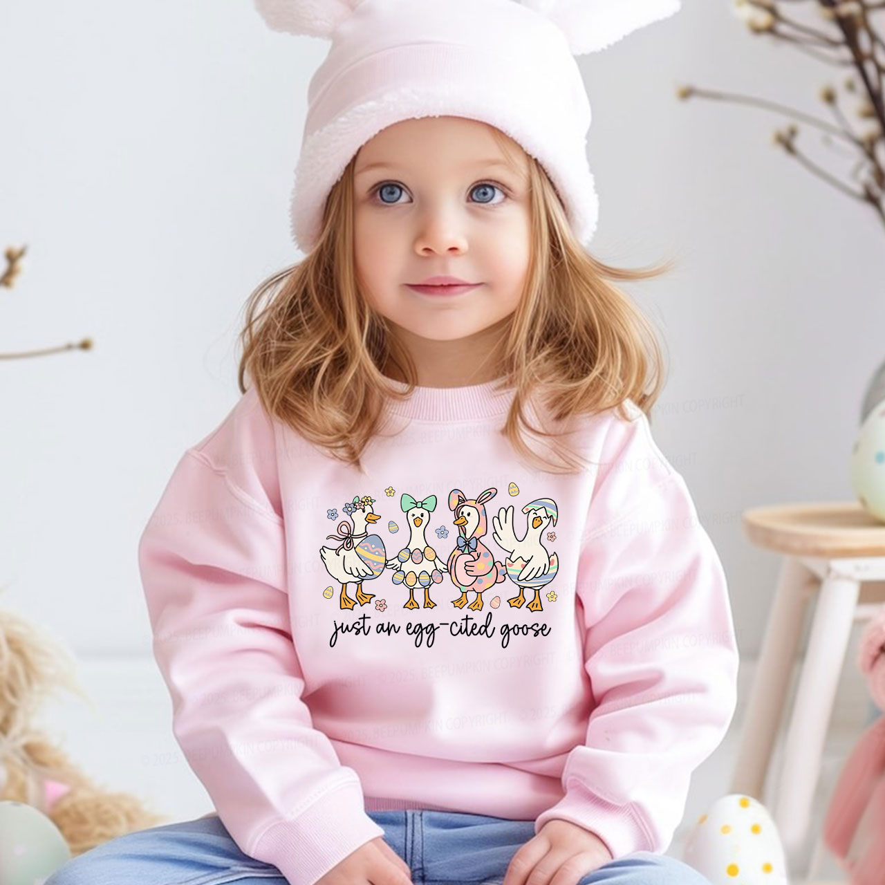 Just an Egg-cited Goose Happy Easter Kid's Sweatshirt