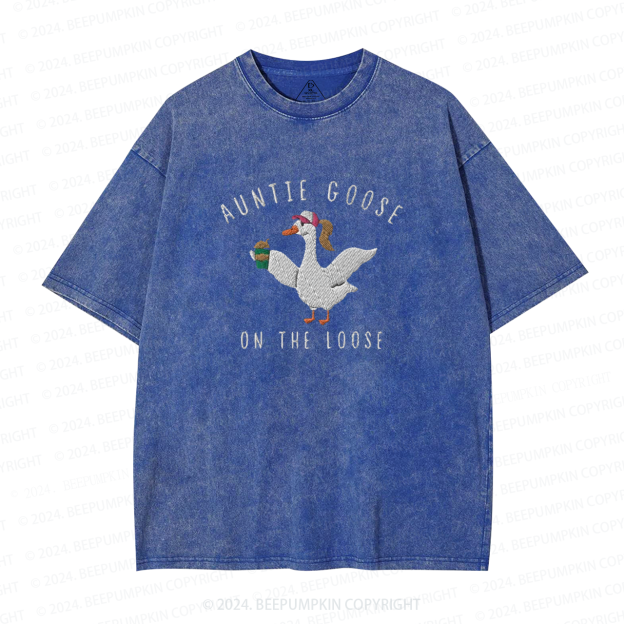 Auntie Goose On The Loose Embroidered Auntie Washed Tees