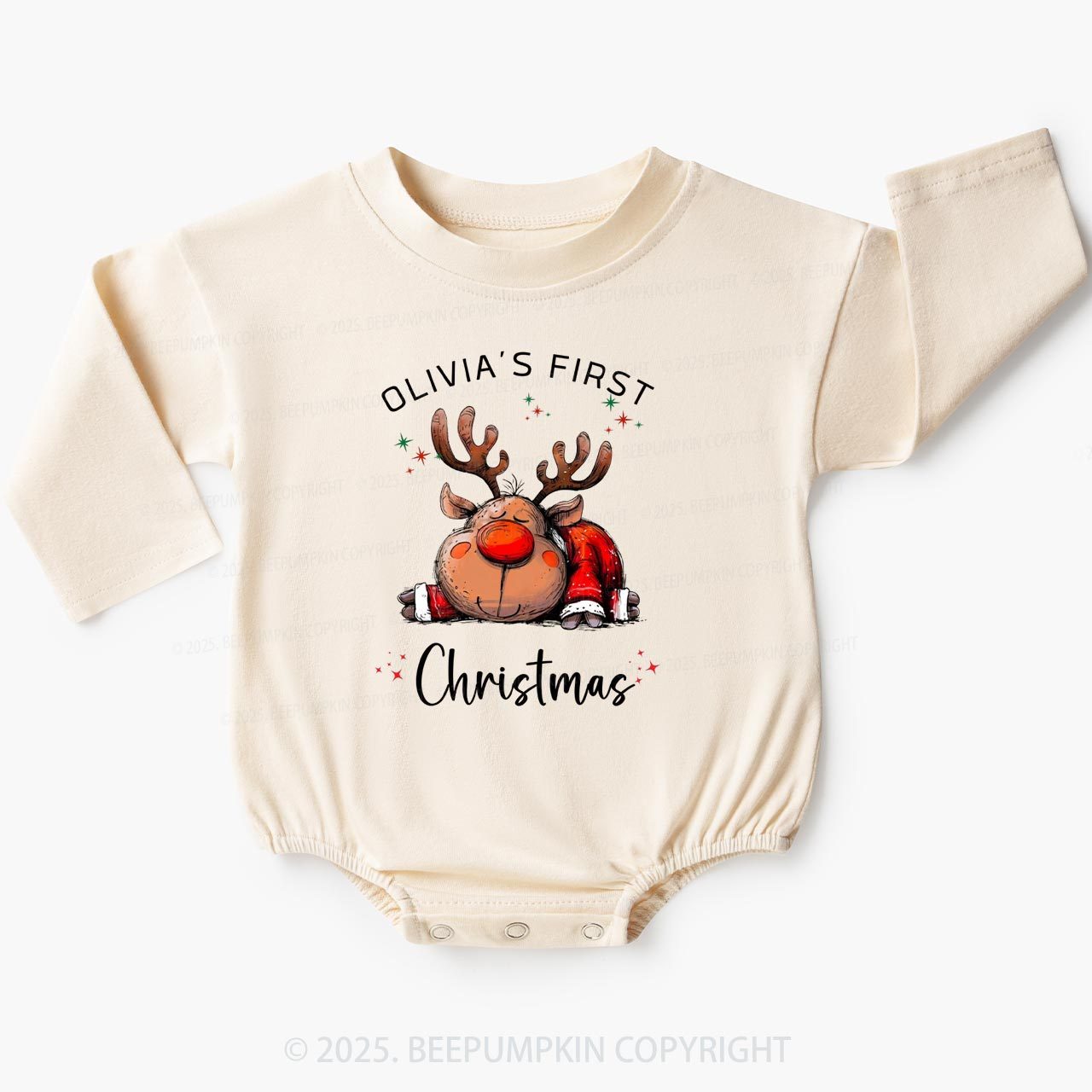 Personalized Festive Reindeer Dreams Christmas Baby Bubble Romper Beepumpkin