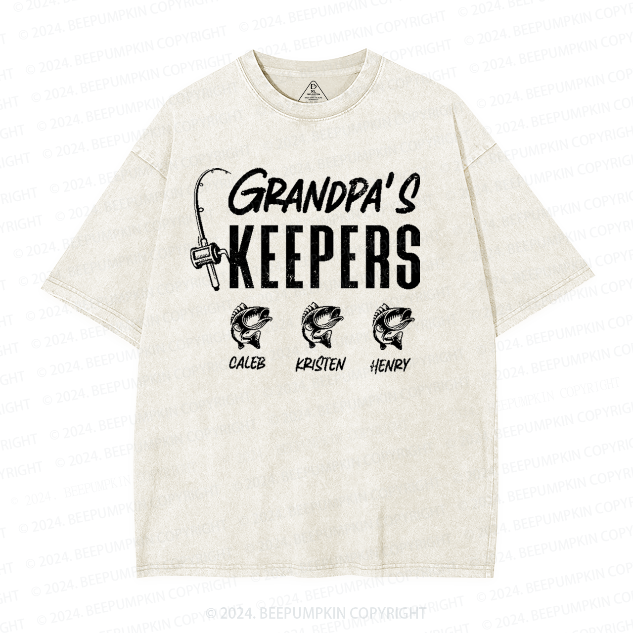 Personalized Grandpa Keepers Fishing With Kids Names Washed T-Shirts 