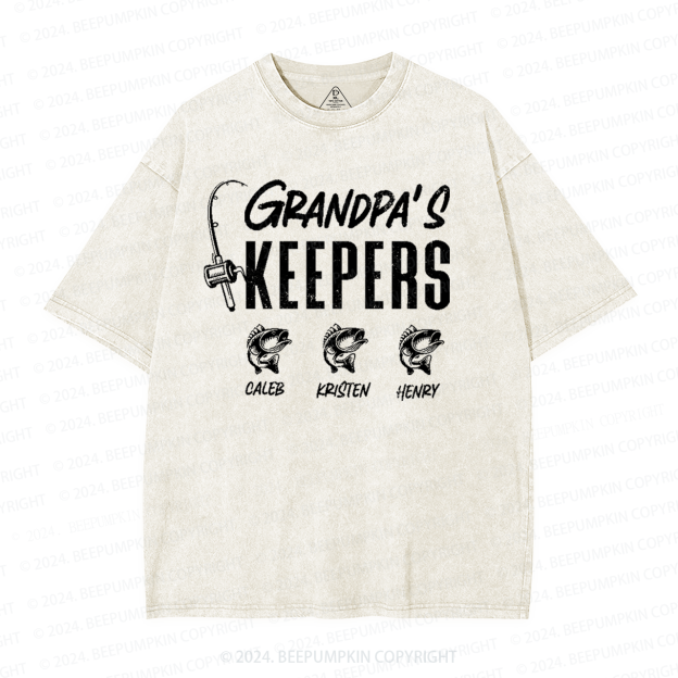Personalized Grandpa Keepers Fishing With Kids Names Washed T-Shirts 