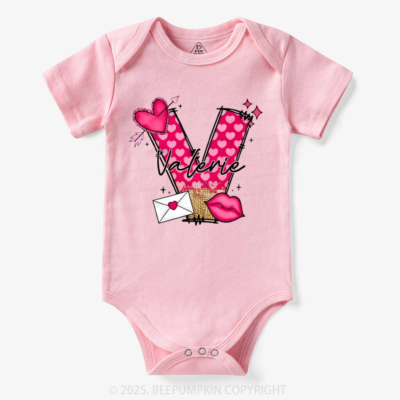 Personalized Valentine's Day Pink Hearts Bodysuit Beepumpkin