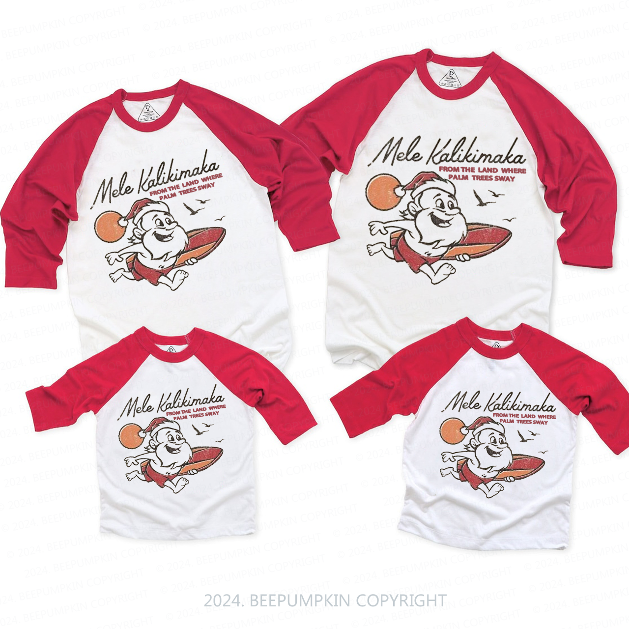 Santa With Surfboard Holiday Party Christmas Family Matching Raglan Sleeves T-Shirts Beepumpkin 