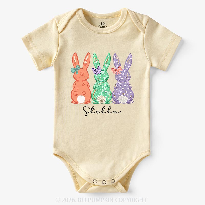 Personalized Three Colorful Bunnies Easter Baby Bodysuit