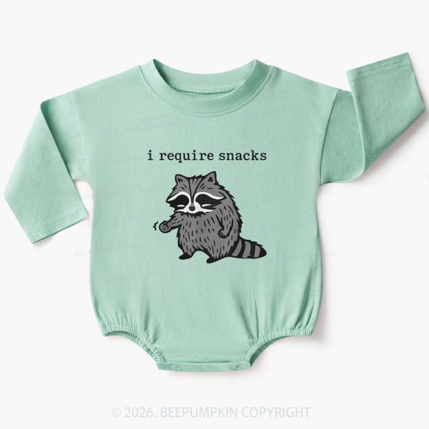 I Require Snacks Raccoon Baby Bubble Romper