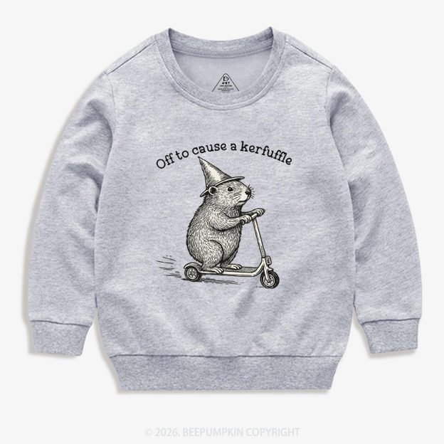 Off To Cause A Kerfuffle Groundhog Scooter Kid's Sweatshirt