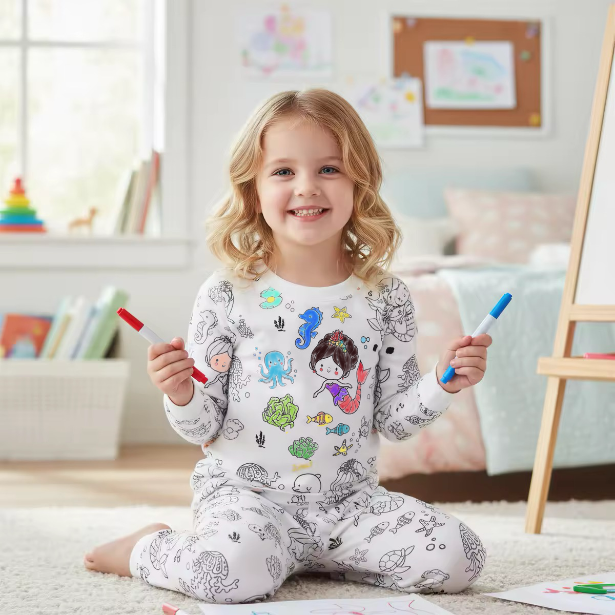 Colorable Creative Mermaid Dreams Two-Piece Pajama Set For Kids