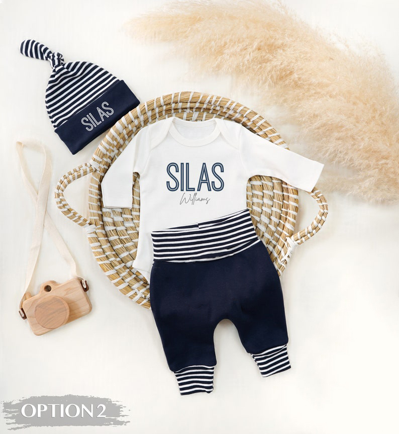 Navy Blue Striped Personalized With Name Coming Home Outfit Sets