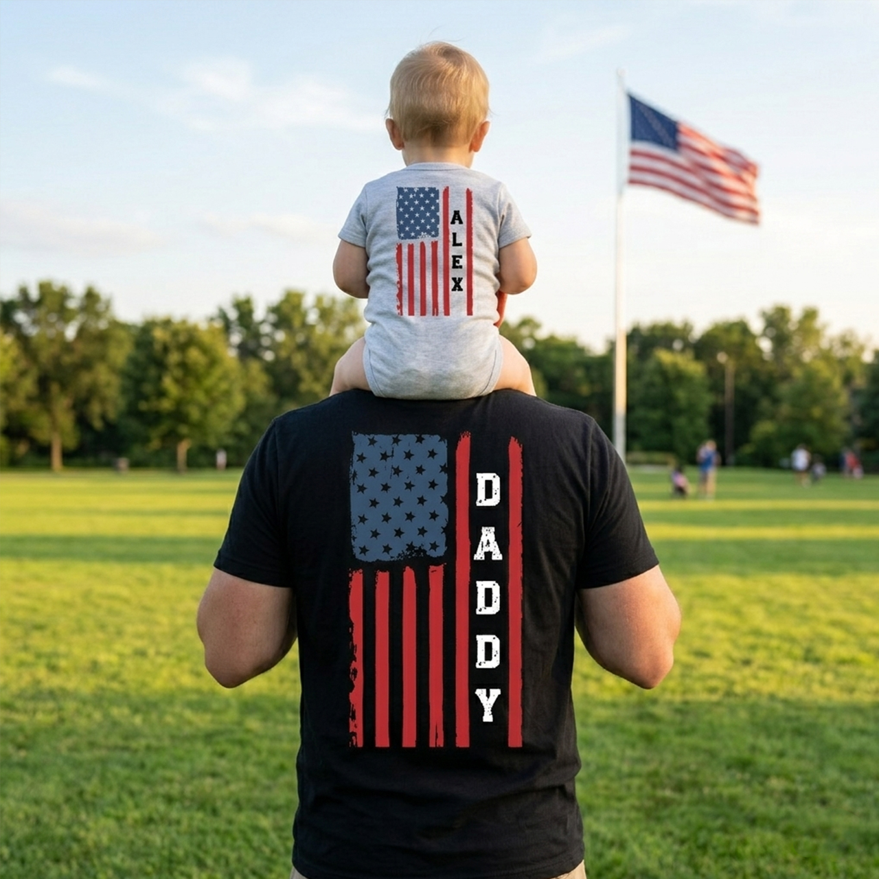 Personalized American Flag Dad&Me Matching Shirts-Back Design